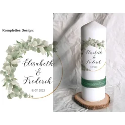 Hochzeitskerzen|Das Moment Hochzeitskerze Design Eukalyptus links - Stumpenkerze