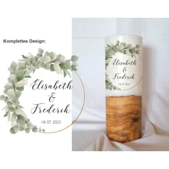 Hochzeitskerze Design Eukalyptus links - Holzkerze Hochzeitskerzen