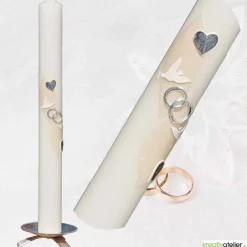 New Hochzeitskerze elfenbein mit silbernen Tauben und Herzen, personalisierbar mit Namen und Datum, perfekte Hochzeitsdeko Hochzeitskerzen
