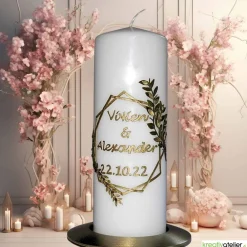 Best Hochzeitskerze in Elfenbein, personalisierbar mit Blattranken in Gold und Braun, modernes Hochzeitsgeschenk Hochzeitskerzen