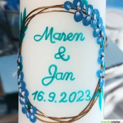 Best Hochzeitskerze in Elfenbein mit goldenen Ringen und Eukalyptus, personalisierbar, edle Hochzeitsdeko Hochzeitskerzen
