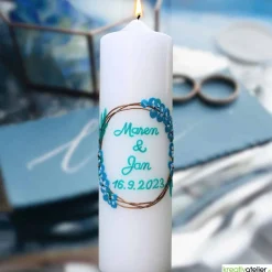 Best Hochzeitskerze in Elfenbein mit goldenen Ringen und Eukalyptus, personalisierbar, edle Hochzeitsdeko Hochzeitskerzen