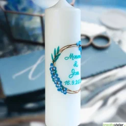 Best Hochzeitskerze in Elfenbein mit goldenen Ringen und Eukalyptus, personalisierbar, edle Hochzeitsdeko Hochzeitskerzen