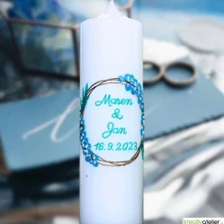 Best Hochzeitskerze in Elfenbein mit goldenen Ringen und Eukalyptus, personalisierbar, edle Hochzeitsdeko Hochzeitskerzen