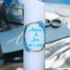 Best Hochzeitskerze in Elfenbein mit goldenen Ringen und Eukalyptus, personalisierbar, edle Hochzeitsdeko Hochzeitskerzen