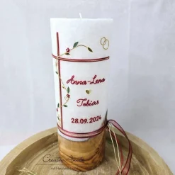 Hochzeitskerzen|CreativAnita Hochzeitskerze mit echtem Holz mit/ohne Teelichteinsatz Kreuz, Blätterranke -Bordeaux-Gold-