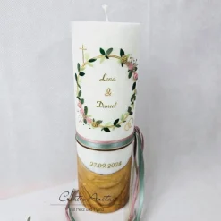 Hochzeitskerzen|CreativAnita Hochzeitskerze mit echtem Holz und Teelichteinsatz -Blütenkranz- Altrosa-Gold
