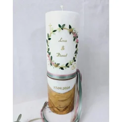 Hochzeitskerzen|CreativAnita Hochzeitskerze mit echtem Holz und Teelichteinsatz -Blütenkranz- Altrosa-Gold