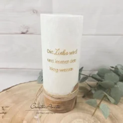 Hochzeitskerzen|CreativAnita Hochzeitskerze mit echtem Holz mit/ohne Teelichteinsatz, Blätter Gold-Grün