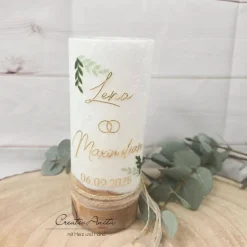 Hochzeitskerzen|CreativAnita Hochzeitskerze mit echtem Holz mit/ohne Teelichteinsatz, Blätter Gold-Grün