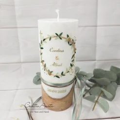 Hochzeitskerzen|CreativAnita Hochzeitskerze mit echtem Holz und Teelichteinsatz -Blütenkranz- Gold