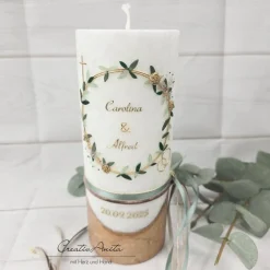 Hochzeitskerzen|CreativAnita Hochzeitskerze mit echtem Holz und Teelichteinsatz -Blütenkranz- Gold