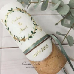 Hochzeitskerzen|CreativAnita Hochzeitskerze mit echtem Holz und Teelichteinsatz -Blütenkranz- Gold