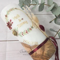 New Hochzeitskerze mit echtem Holz und Teelichteinsatz, Blumen Gold-Bordeaux Hochzeitskerzen