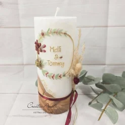 New Hochzeitskerze mit echtem Holz und Teelichteinsatz, Blumen Gold-Bordeaux Hochzeitskerzen