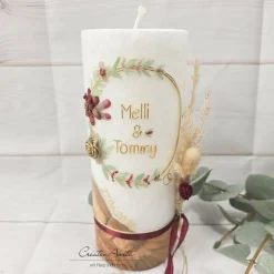 New Hochzeitskerze mit echtem Holz und Teelichteinsatz, Blumen Gold-Bordeaux Hochzeitskerzen