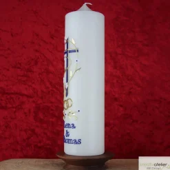 Hochzeitskerzen|Kreativatelier A & V Hochzeitskerze mit Enzian-Kreuz, personalisierbar, elfenbein mit goldenen Trauringen und Blütenranke, Hochzeitsdeko