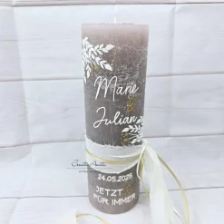 Clearance Hochzeitskerze mit/ohne Teelichteinsatz in taupe-creme-gold mit Blätter - Personalisiert Hochzeitskerzen