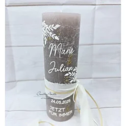 Clearance Hochzeitskerze mit/ohne Teelichteinsatz in taupe-creme-gold mit Blätter - Personalisiert Hochzeitskerzen