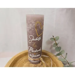 Hochzeitskerzen|CreativAnita Hochzeitskerze -Modern heart- in taupe-gold mit Spitzenband, Jute und Perlen - mit/ohne Teelichteinsatz - Personalisiert