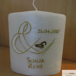 Hochzeitskerzen|Kreativatelier A & V Hochzeitskerze oval mit Perlmutt-Oberfläche und „&“-Symbol, personalisierbar, edle Hochzeitsdeko