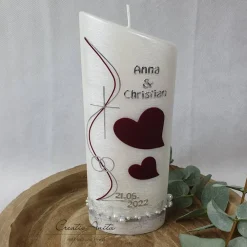 Outlet Hochzeitskerze Perlmutt geriffelt - Ellipse abgeschrägt mit Herzen - dunkles BORDEAUX - Silber Hochzeitskerzen