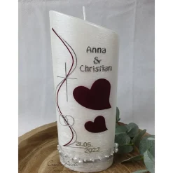 Outlet Hochzeitskerze Perlmutt geriffelt - Ellipse abgeschrägt mit Herzen - dunkles BORDEAUX - Silber Hochzeitskerzen