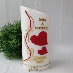 New Hochzeitskerze Perlmutt geriffelt - Ellipse abgeschrägt mit Herzen - ROT Hochzeitskerzen