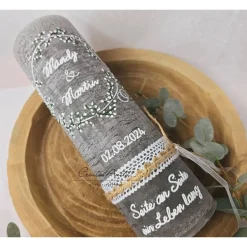 Outlet Hochzeitskerze Rustik anthrazit - zarter Blütenkreis weiß-silber Schleierkraut mit Trauspruch Hochzeitskerzen