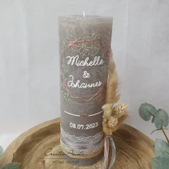 Outlet Hochzeitskerze Rustik taupe groß mit/ohne Teelichteinsatz - Geometric Rosegold zart Eukalypthus Hochzeitskerzen