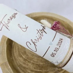 New Hochzeitskerze Rustik weiß groß mit/ohne Teelichteinsatz - Schrift Braun metallic, Trockenblumen Hochzeitskerzen