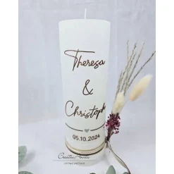 New Hochzeitskerze Rustik weiß groß mit/ohne Teelichteinsatz - Schrift Braun metallic, Trockenblumen Hochzeitskerzen