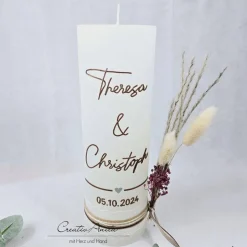 New Hochzeitskerze Rustik weiß groß mit/ohne Teelichteinsatz - Schrift Braun metallic, Trockenblumen Hochzeitskerzen