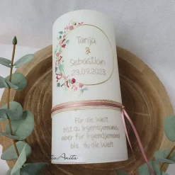Hochzeitskerzen|CreativAnita Hochzeitskerze Rustik weiß - zarte Blümchen altrosa-bordeaux mit/ohne Teelichteinsatz