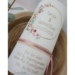 Hochzeitskerzen|CreativAnita Hochzeitskerze Rustik weiß - zarte Blümchen altrosa-bordeaux mit/ohne Teelichteinsatz