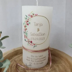 Hochzeitskerzen|CreativAnita Hochzeitskerze Rustik weiß - zarte Blümchen altrosa-bordeaux mit/ohne Teelichteinsatz