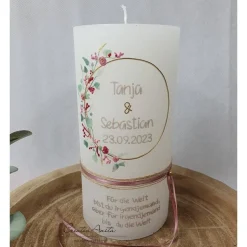 Hochzeitskerzen|CreativAnita Hochzeitskerze Rustik weiß - zarte Blümchen altrosa-bordeaux mit/ohne Teelichteinsatz