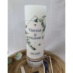 Clearance Hochzeitskerze Rustik weiß mit Teelichteinsatz - Geometric Wedding - Silber-Blau metallic Hochzeitskerzen