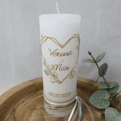 Hot Hochzeitskerze Rustik weiß - Herz Geometric mit zarten Blättern - gold-eukalypthus mit/ohne Teelichteinsatz Hochzeitskerzen
