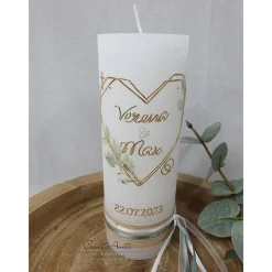 Hot Hochzeitskerze Rustik weiß - Herz Geometric mit zarten Blättern - gold-eukalypthus mit/ohne Teelichteinsatz Hochzeitskerzen