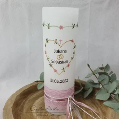 Discount Hochzeitskerze Rustik weiß mit/ohne Teelichteinsatz - Blätterkranz in Herzform- Gold-Grün-Eukalypthus-Altrosa Hochzeitskerzen