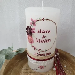 New Hochzeitskerze Rustik weiß groß - mit Blütenkreis roségold, bordeaux, altrosa mit/ohne Teelichteinsatz Hochzeitskerzen