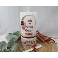 New Hochzeitskerze Rustik weiß groß - mit Blütenkreis roségold, bordeaux, altrosa mit/ohne Teelichteinsatz Hochzeitskerzen