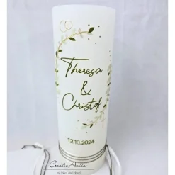Hochzeitskerzen|CreativAnita Hochzeitskerze Rustik weiß XXL mit Teelichteinsatz - Blätterranken olive-eukalyphtus