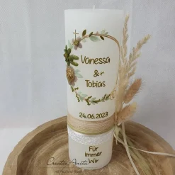 Discount Hochzeitskerze Rustik weiß groß mit/ohne Teelichteinsatz - mit Blütenkreis gold, taupe und olive Hochzeitskerzen