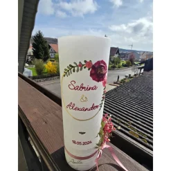 New Hochzeitskerze Rustik weiß inkl. Teelicht - Blütenkranz und Trockenblumen in Brombeere-Altrosa-Gold Hochzeitskerzen