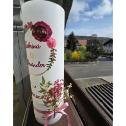 New Hochzeitskerze Rustik weiß inkl. Teelicht - Blütenkranz und Trockenblumen in Brombeere-Altrosa-Gold Hochzeitskerzen
