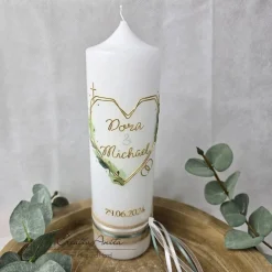 New Hochzeitskerze weiß - Herz Geometric mit zarten Blättern - gold-eukalypthus Hochzeitskerzen
