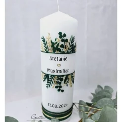 New Hochzeitskerze Weiß, mit Blätter, Gräser in Gold- und Grüntöne 250x80mm Hochzeitskerzen