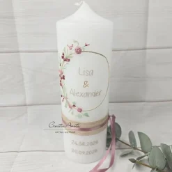 Outlet Hochzeitskerze weiß mit zarten Blümchen in altrosa-bordeaux 250x80 mm Hochzeitskerzen
